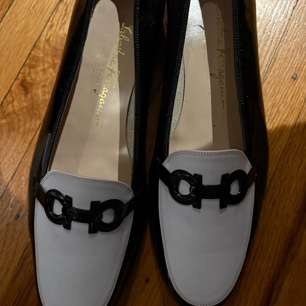 Salvatore Ferragamo Black and White Leather Loafers